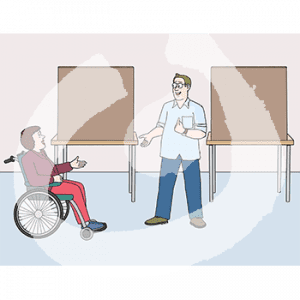 Eine Person steht vor einer Person im Rollstuhl. Im Hintergrund sind Tische mit Sichtschutzwänden.