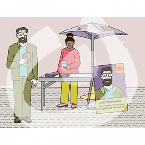 Eine Person steht hinter einem Tisch mit Flyern und einem Sonnenschirm mit Logo. Daneben ist ein Wahlplakat mit dem gleichen Logo, Text und dem Bild einer Person. Diese Person steht mit Flyer in der Hand vor dem Tisch.