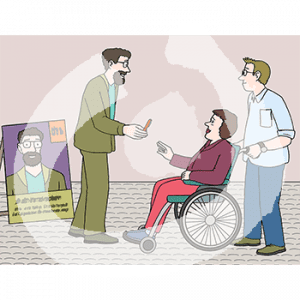 Im Hintergrund ist ein Wahlplakat mit Text und dem Bild einer Person. Diese Person reicht einer Person vor sich einen Stift.