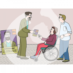 Im Hintergrund ist ein Wahlplakat mit Text und dem Bild einer Person. Diese Person reicht einer Person vor sich einen Flyer mit dem gleichen Design.