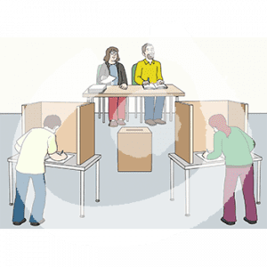 Zwei Personen stehen an zwei separaten Tischen mit Sichtschutzwänden. Vor ihnen liegt ein Zettel. Im Hintergrund sitzen zwei Personen an einem Tisch. Die erste ein Heft und ein Stift vor sich. Die zweite hat einen Stapel Zettel. In der Mitte steht eine Box mit einem Schlitz.