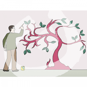 Eine Person steht vor einer Wand und malt mit einem Pinsel ein Bild.