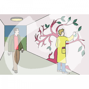 Eine Person steht in einem Flur. Sie guckt zu einer Person die ein Bild an eine Wand sprüht.