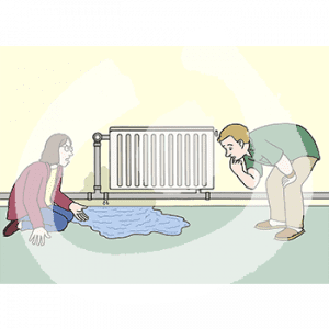 Zwei Personen gucken auf ein tropfendes Heizungsrohr mit einer Pfütze darunter.