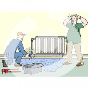 Eine Person in Blaumann sitzt vor einer Heizung mit einer Pfütze. Sie hält ein Heizungsrohr fest. Daneben steht eine erschrockene Person.
