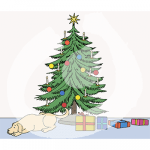 Ein Hund liegt neben einem Weihnachtsbaum. Darunter liegen Geschenke.