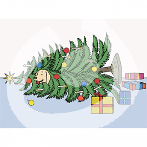 Ein Hund liegt unter einem umgekippten Weihnachtsbaum. Daneben liegen Geschenke.