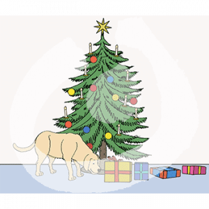 Ein Hund steht neben einem Weihnachtsbaumund riecht an einem Geschenk.