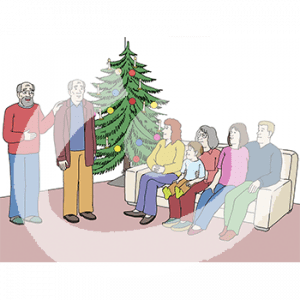 Ein Kind und vier Erwachsene sitzen auf einem Sofa. Daneben steht ein Weihnachtsbaum und zwei Männer.