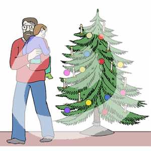 Ein Mann geht mit einem Kind auf dem Arm von einem Weihnachtsbaum weg.