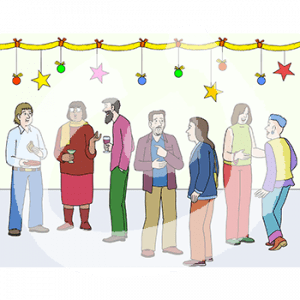 Sieben Personen stehen in kleinen Gruppen zusammen. Manche haben Getränke und Essen in der Hand. Im Hintergrund ist Weihnachtsdekoration.