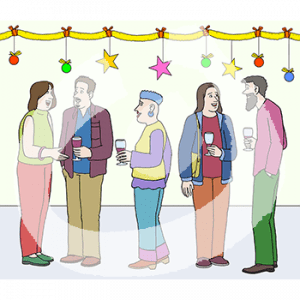 Fünf Personen stehen in zwei Gruppen zusammen. Manche haben Getränke in der Hand. Im Hintergrund ist Weihnachtsdekoration.