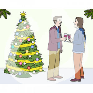 Zwei Personen mit Gläsern in der Hand stehen neben einem Weihnachtsbaum.