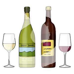 Eine grüne Flasche neben einem Glas mit Weißwein. Daneben eine braune Flasche neben einem Glas mit Rotwein.