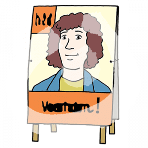 Ein Wahlplakat mit einem Portrait und Schrift.