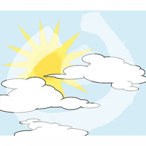 Eine Sonne am blauen Himmel, davor vereinzelte Wolken.