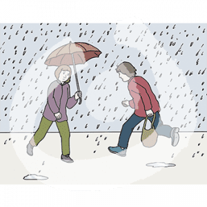 Zwei Personen laufen in entgegengesetzten Richtungen durch den Regen. Eine hat einen Regenschirm.