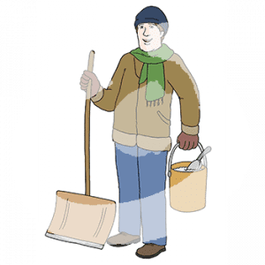 Eine Person mit Winterkleidung hat einen Schneeschieber und einen Eimer in den Händen.