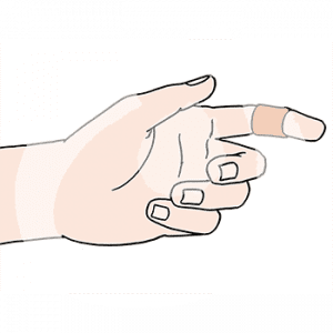 Eine Hand. Ein einem Finger ist ein Pflaster.