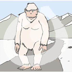 Ein Yeti im Schnee. Im Hintergrund sind Berge.