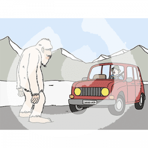 Ein Yeti im Schnee vor einem Auto mit einer staunenden Person. Im Hintergrund sind Berge.