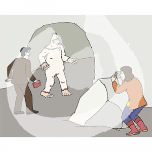 Eine Person macht ein Foto von einem erstaunten Yeti in einer Höhle. Daneben steht eine andere Person mit Kamera.