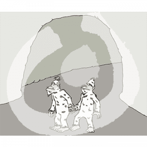 Zwei kleine Yetis stehen Hand in Hand in einer Höhle.