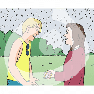 Zwei Personen stehen im Regen im Grünen. Eine Person gibt der anderen einen Zettel.