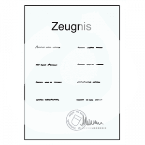 Ein Dokument mit der Überschrift: Zeugnis, Schrift, Unterschrift und Stempel.