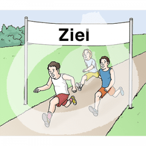 Drei Personen mit Sportkleidung laufen unter einem Banner mit der Aufschrift: Ziel hindurch.