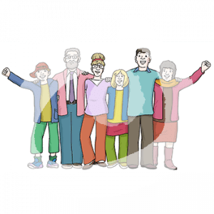 Sechs Personen stehen Arm in Arm nebeneinander.