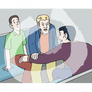 Ein ängstlicher Mann sitzt auf einer Bank. Ein anderer Mann fasst seinen Oberschenkel an. Ein dritter wütender Mann drückt den Arm des zweiten Mannes weg.