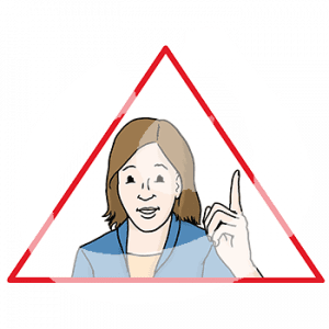 Portrait einer Person mit erhobenen Zeigefinger in einem roten Dreieck.