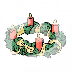 Ein Kranz mit Tannenzweigen, goldenem Band und vier brennenden Kerzen.