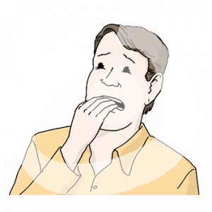 Portraitansicht eines ängstlichen Mannes. Er hält sich eine Hand vor dem offenen Mund.