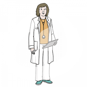 Eine Frau mit heller Hautfarbe in weißem Kittel trägt ein Stethoskop.