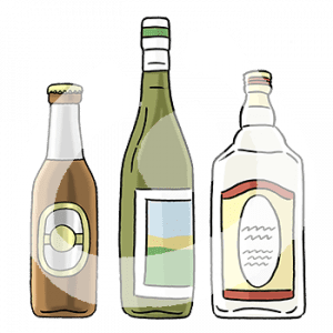 Eine Bierflasche, eine Weinflasche und eine Schnapsflasche nebeneinander.
