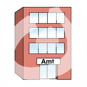 Ein Gebäude mit der Aufschrift: Amt.