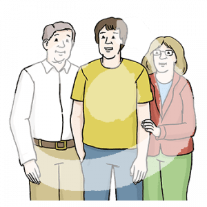 Drei Personen stehen dicht nebeneinander.