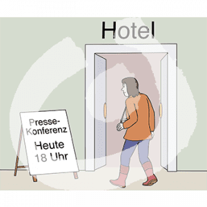 Eine Person guckt auf ein Schild mit der Aufschrift: Pressekonferenz heute 18 Uhr. Sie steht vor einer Tür mit der Aufschrift: Hotel.