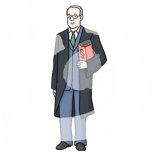 Eine Person in Anzug und Robe hat ein Buch mit Paragraphensymbol unter dem Arm.