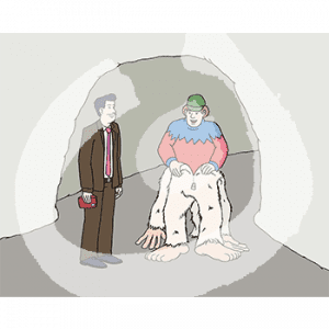 Eine Person im Anzug steht neben einer Person die sich ein Kostüm anzieht. Das Kostüm hat Fell und große Hände und Füße.