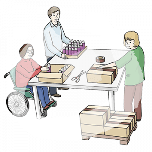 Drei Personen sind an einem Tisch. Eine Person hat Flaschen vor sich, die zweite tut diese in eine Box, die dritte klebt die Box zu. Daneben steht eine Palette mit geschlossenen Boxen.