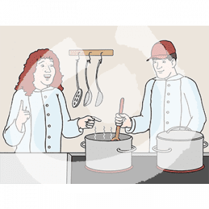 Zwei Personen in Kochjacke stehen vor einem Herd mit Töpfen. Eine Person zeigt in den Topf, die andere rührt im Topf.