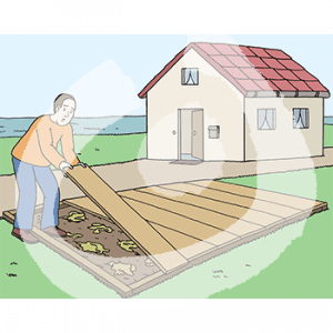 Ein Mann legt Bretter auf ein Beet. Im Hintergrund ist ein Haus und Wasser.