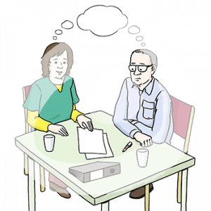 Zwei Personen mit einer Gedankenblase sitzen an einem Tisch. Darauf liegen Zettel, Stifte und ein Ordner.