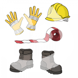 Arbeitsschuhe, Arbeitshandschuhe, ein Schutzhelm und Absperrband.