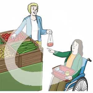 Eine Person im Rollstuhl mit Kiste auf dem Schoß zeigt auf Gemüsekisten. Eine Person steht neben den Gemüsekisten und nimmt Gemüse aus einer Kiste.