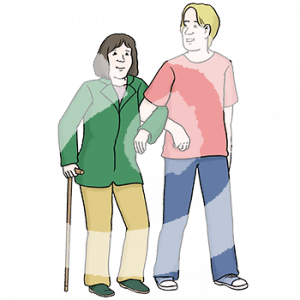 Eine Person mit Krückstock geht unterhakt mit einer anderen Person.