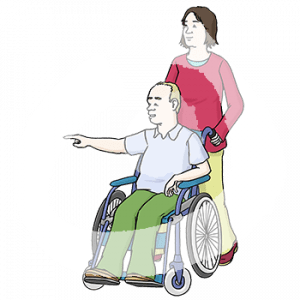 Eine Person schiebt eine andere Person im Rollstuhl. Sie zeigt auf etwas.